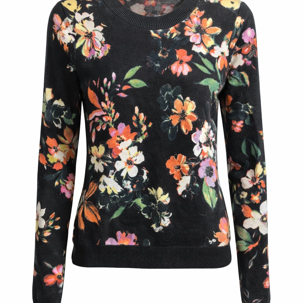 Nicole Miller Black Floral Crewneck Sweater with Orange and Pink Blooms